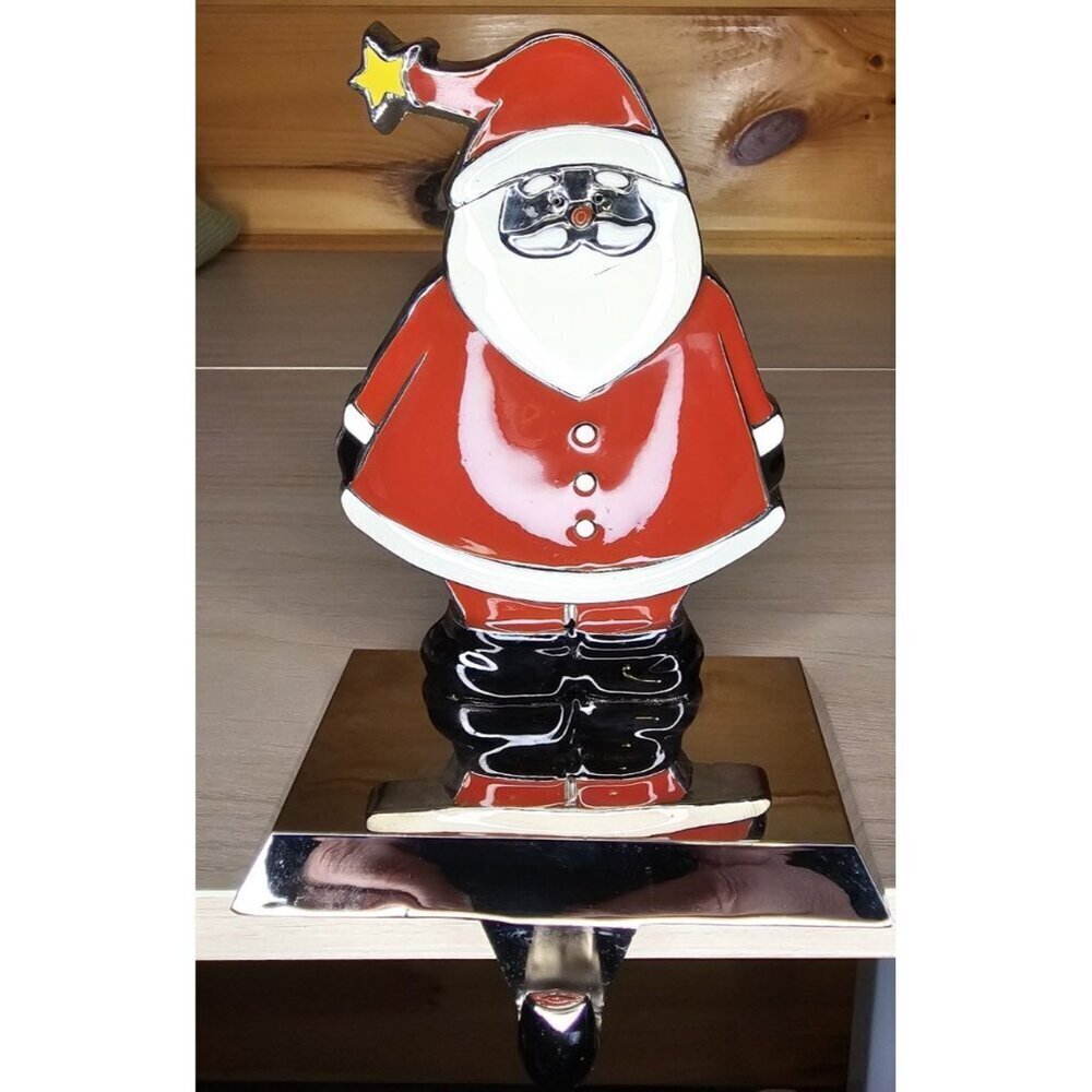 Metal Enamel SANTA CLAUS Christmas STOCKING HANGER Mantel Holder Hook Holiday